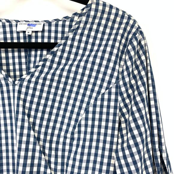 J. Crew Top X Universal Standard Sz M Gingham Tie Sleeve Blouse Blue White - Picture 5 of 8